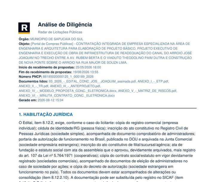 Parecer de habilitação gerado pelo Radar